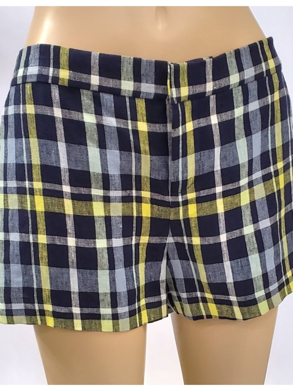 Joie Navy Yellow Plaid Linen Cotton Shorts 8 NWT $158 Coastal Preppy